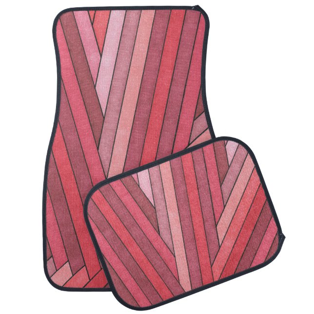 Hand Painted Red Geometric Stripe Design Car Floor Mat (Set)