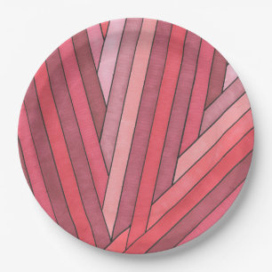 Hand Painted Red Geometric Stripe Design Paper Plates