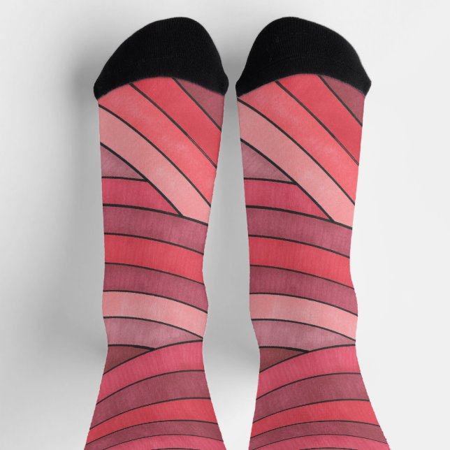 Hand Painted Red Geometric Stripe Design Socks (Top)