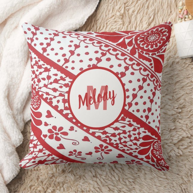 Hand-Painted Red Henna Mehndi Pattern Throw Pillow (Blanket)
