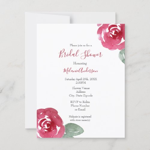 Hand Painted Red Pink Watercolor Rose Invitation