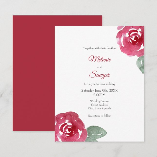 Hand Painted Red Pink Watercolor Rose Invitation (Front/Back)
