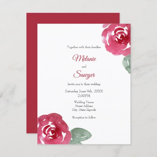 Hand Painted Red Pink Watercolor Rose Invitation