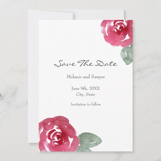 Hand Painted Red Pink Watercolor Rose Save The Date (Front)