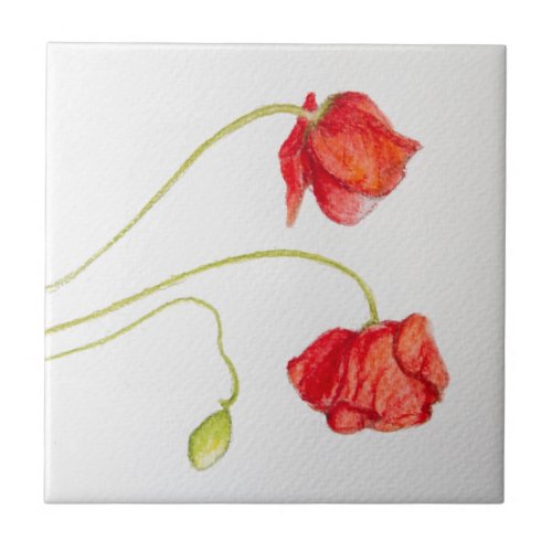 Hand painted red poppies flowers ceramic tile