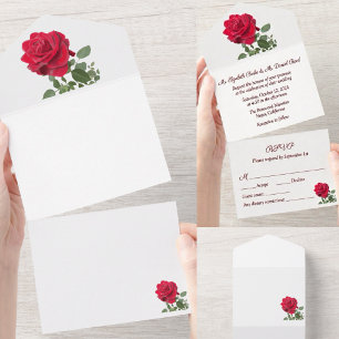Hand Painted Red Rose Botanical All In One Invitation