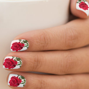 Hand Painted Red Rose Floral Pattern White Minx Nail Art