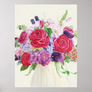 hand painted red rose magenta hydrangea bouquet  poster