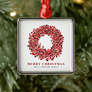 Hand Painted Red Winterberry Wreath Christmas Metal Ornament