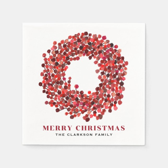 Hand Painted Red Winterberry Wreath Christmas Napkins (Front)