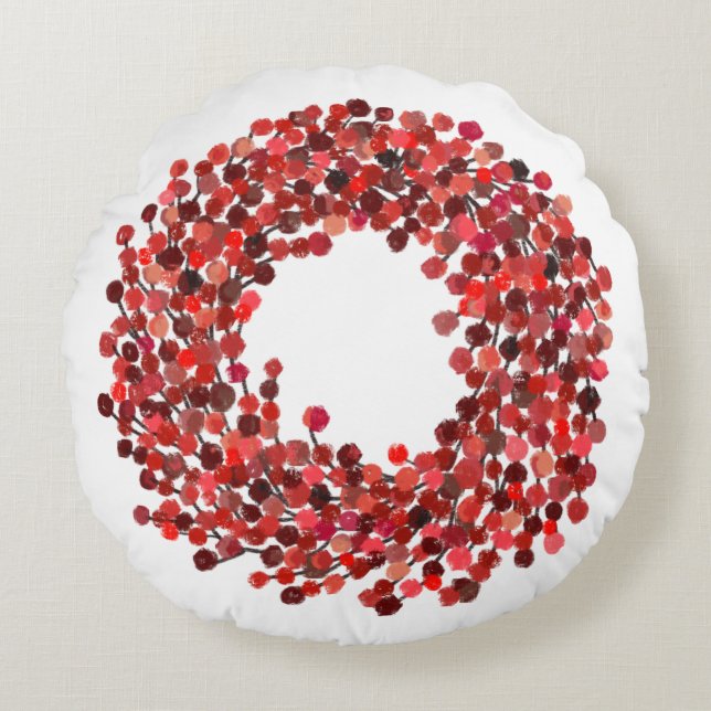 Hand Painted Red Winterberry Wreath Christmas Round Pillow (Front)