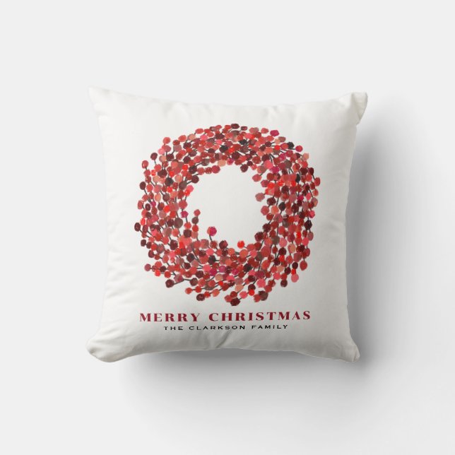 Hand Painted Red Winterberry Wreath Christmas Throw Pillow (Front)