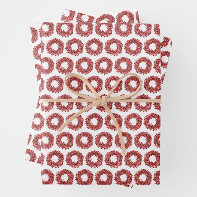 Hand Painted Red Winterberry Wreath Christmas Wrapping Paper Sheets (In situ)