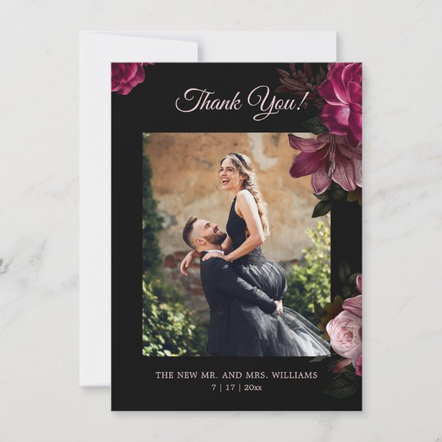 Hand Painted Roses Dark Romantic Wedding  Thank You Card (Front)