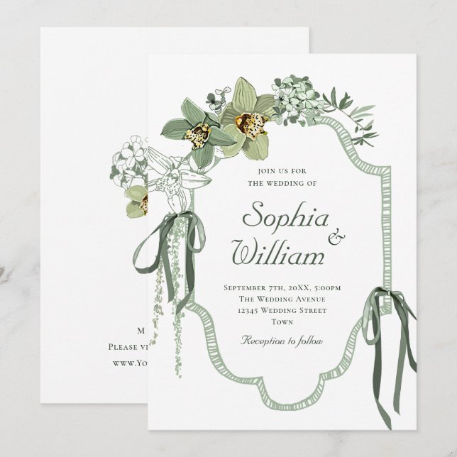 Hand Painted Sage Green Orchids Wedding Invitation (Front/Back)