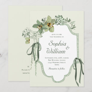 Hand Painted Sage Green Orchids Wedding Invitation