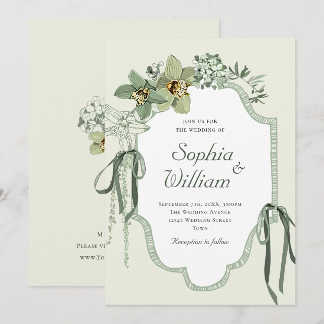 Hand Painted Sage Green Orchids Wedding Invitation (Front/Back)