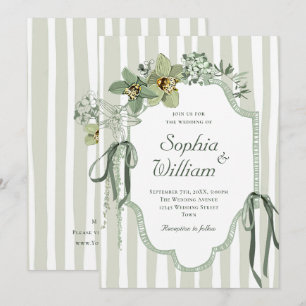 Hand Painted Sage Green Orchids Wedding Invitation