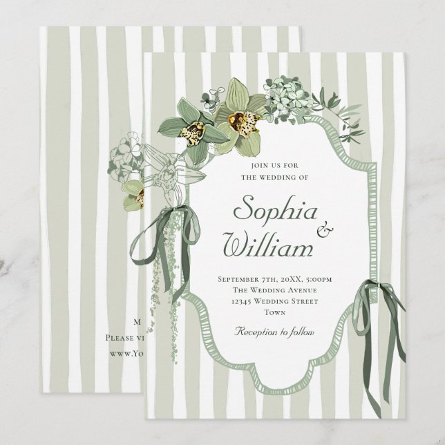 Hand Painted Sage Green Orchids Wedding Invitation (Front/Back)