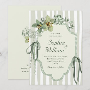 Hand Painted Sage Green Orchids Wedding Invitation