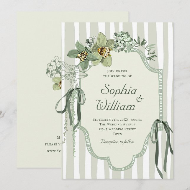Hand Painted Sage Green Orchids Wedding Invitation (Front/Back)