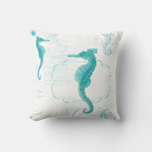 Hand Painted Seahorse Vintage Handwriting Scrolls Throw Pillow