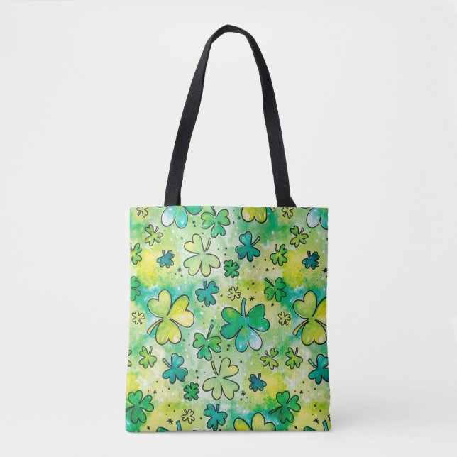 Hand-painted shamrock pattern featuring water colo tote bag (Front)