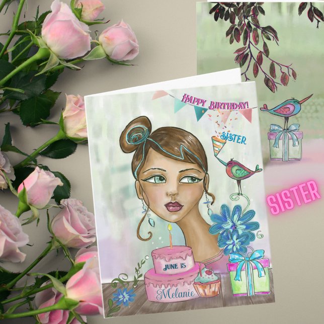 Hand-Painted Sister Birthday Card with Cake (Hand-Painted Sister Birthday Card with Cake)