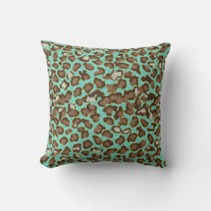 Hand Painted Snow Leopard Animal Print Turquoise Throw Pillow