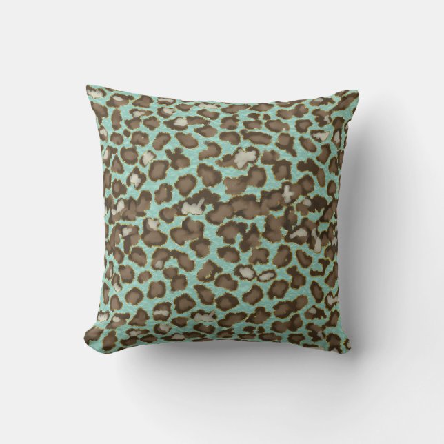 Hand Painted Snow Leopard Animal Print Turquoise Throw Pillow (Front)
