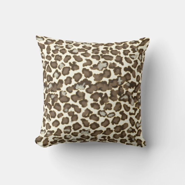 Hand Painted Snow Leopard Animal Skin Print Brown Throw Pillow (Front)