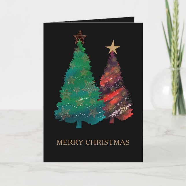 Hand Painted Sparkly Watercolor Christmas Trees Holiday Card (Front)