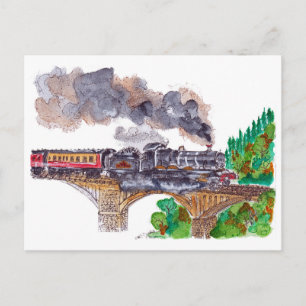 Hand Painted Steam Train Locomotive Watercolor Postcard