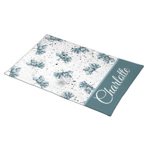 Hand painted steel blue Floral Monogram Cloth Placemat