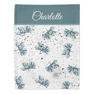 Hand painted steel blue Monogram Floral Duvet Cover
