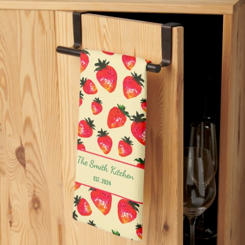 Hand-Painted Strawberry Personalized Boho Yellow Kitchen Towel