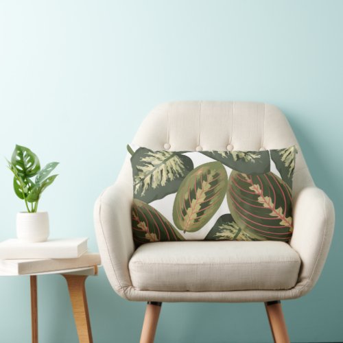 Hand Painted Style Exotic Tropical Green Leaves Lumbar Pillow