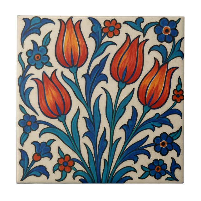 Hand-Painted Style Iznik Tulips Ceramic Tile (Front)