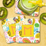 Hand Painted Summer Fruit Pattern Square Paper Coaster<br><div class="desc">Your monogram initial is featured on these coasters that feature a modern fruit pattern of pineapples,  pears,  oranges,  cherries,  papaya,  grapes,  kiwis and peaches. You can put this design on other products,  too!</div>