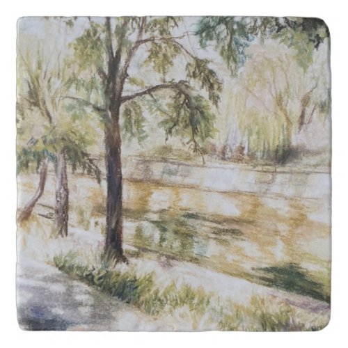 Hand painted summer landscape green trees artwork trivet