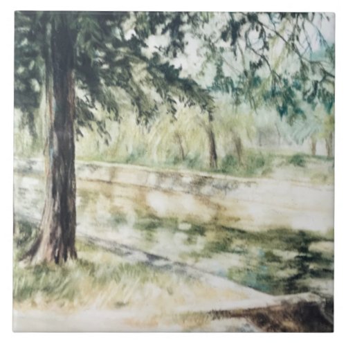 Hand painted summer landscape green trees river  ceramic tile