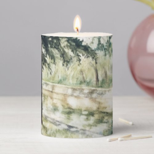 Hand painted summer landscape green trees river  pillar candle