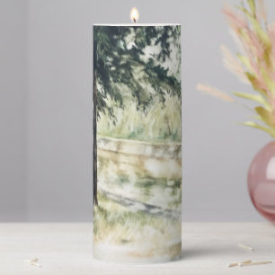 Hand painted summer landscape green trees river pillar candle