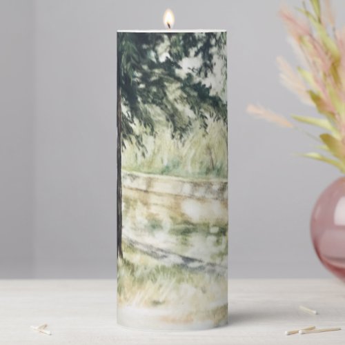 Hand painted summer landscape green trees river  pillar candle
