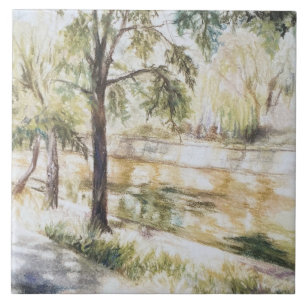 Hand painted summer watercolor green trees river ceramic tile