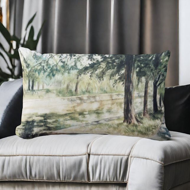 Hand painted summer watercolor green trees river  lumbar pillow (Creator Uploaded)