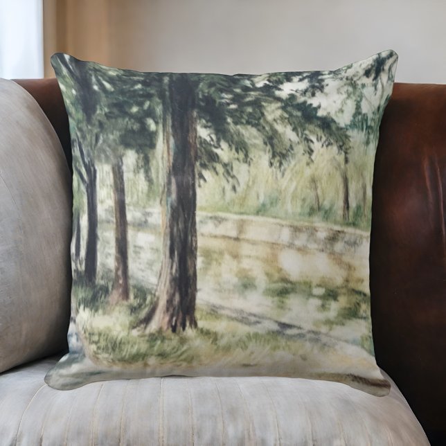 Hand painted summer watercolor green trees river  throw pillow (Creator Uploaded)