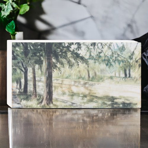 Hand painted summer watercolor green trees river  wooden box sign