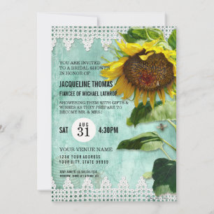 Hand Painted Sunflower Wooden Fence Bee Aqua Invitation