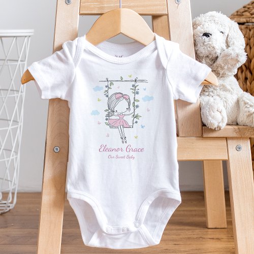 Hand Painted Sweet Girl on a swing _ Pink Bodysuit